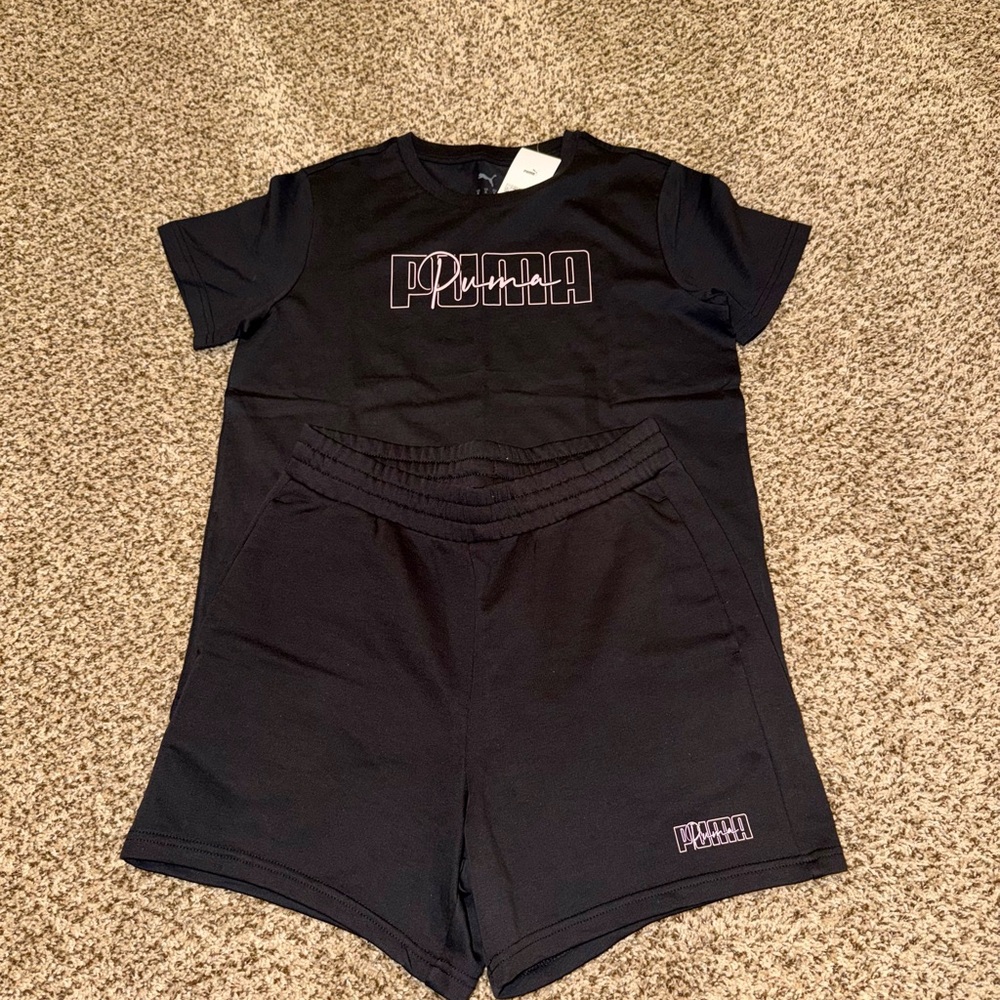 BUNDLE DEAL! Puma Black Tee and Shorts Set with Pink-Outlined Logo